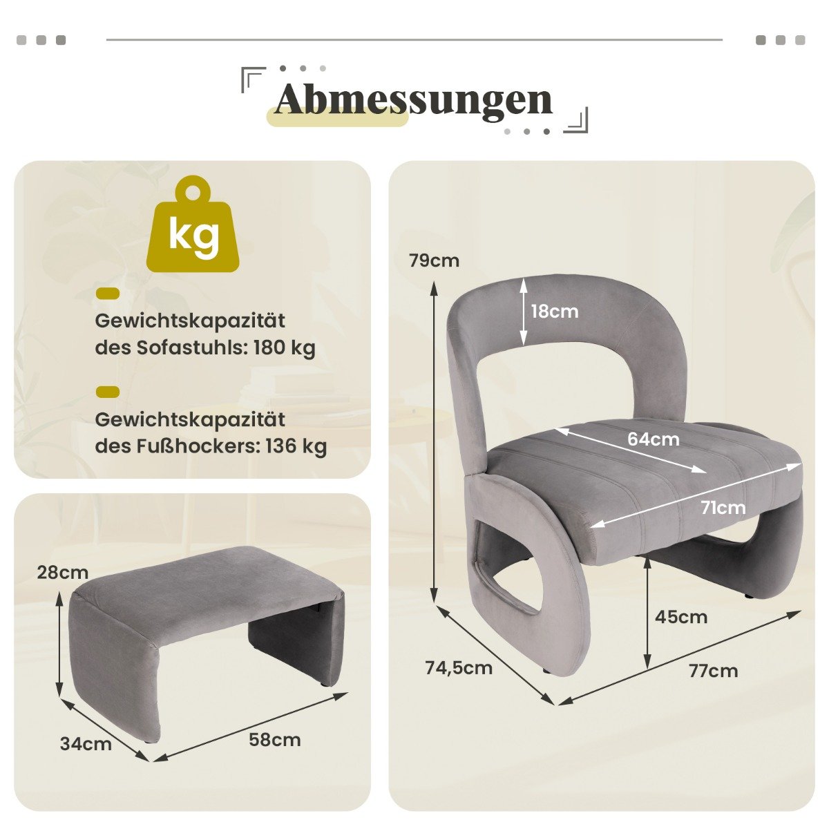 Costway Σετ Πολυθρόνας 77 x 74,5 x 79  Γκρι HV10639GR