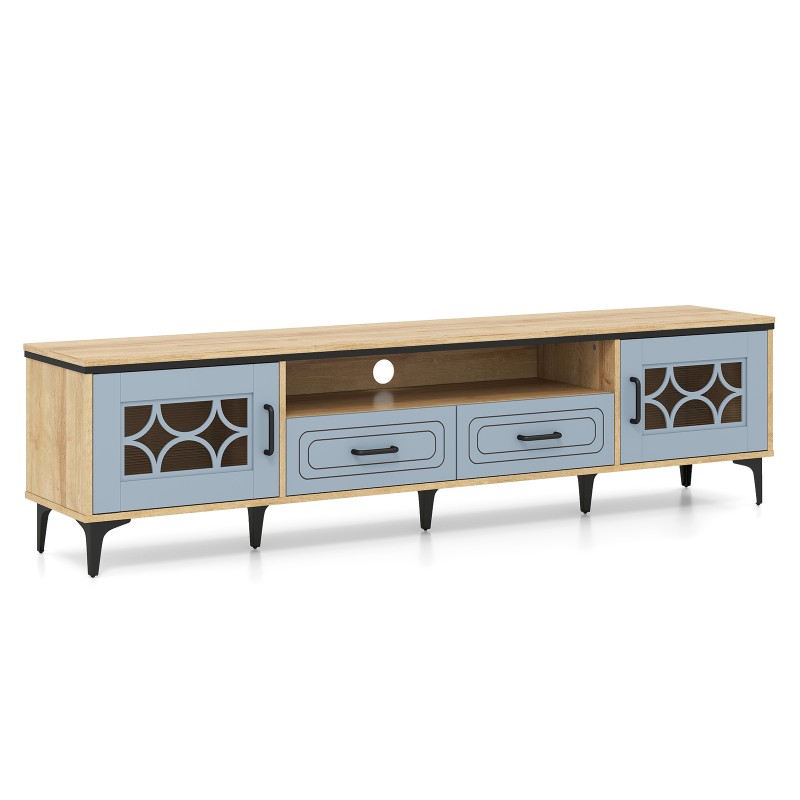 Costway Μπλε Μπαμπού Lowboard TV Schrank με 2 Συρτάρια & 2 Πόρτες για Τηλεοράσεις έως 80 ίντσες HV10745DE-OG+
