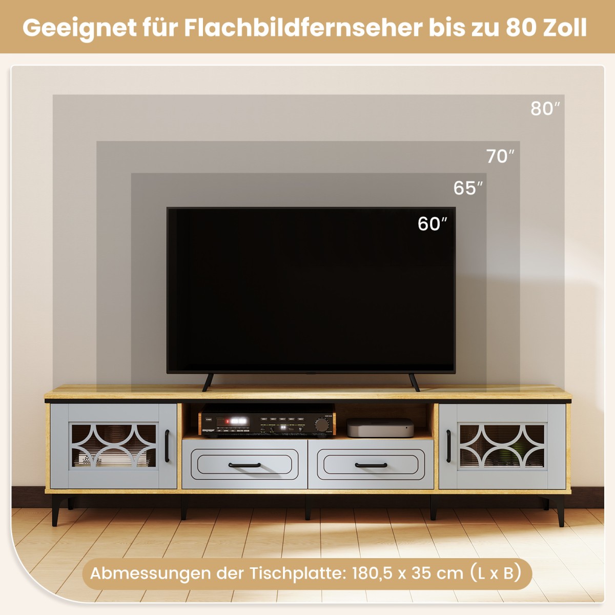 Costway Μπλε Μπαμπού Lowboard TV Schrank με 2 Συρτάρια & 2 Πόρτες για Τηλεοράσεις έως 80 ίντσες HV10745DE-OG+