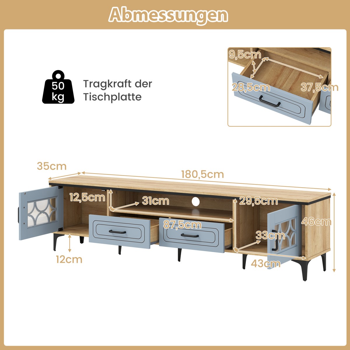 Costway Μπλε Μπαμπού Lowboard TV Schrank με 2 Συρτάρια & 2 Πόρτες για Τηλεοράσεις έως 80 ίντσες HV10745DE-OG+