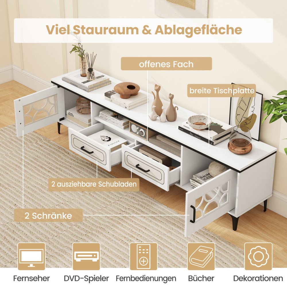 Costway Λευκός Μπαμπού Tv-Σκελετός με 2 Συρτάρια & 2 Πόρτες για Τηλεοράσεις έως 80 Ίντσες HV10745DE-WH+