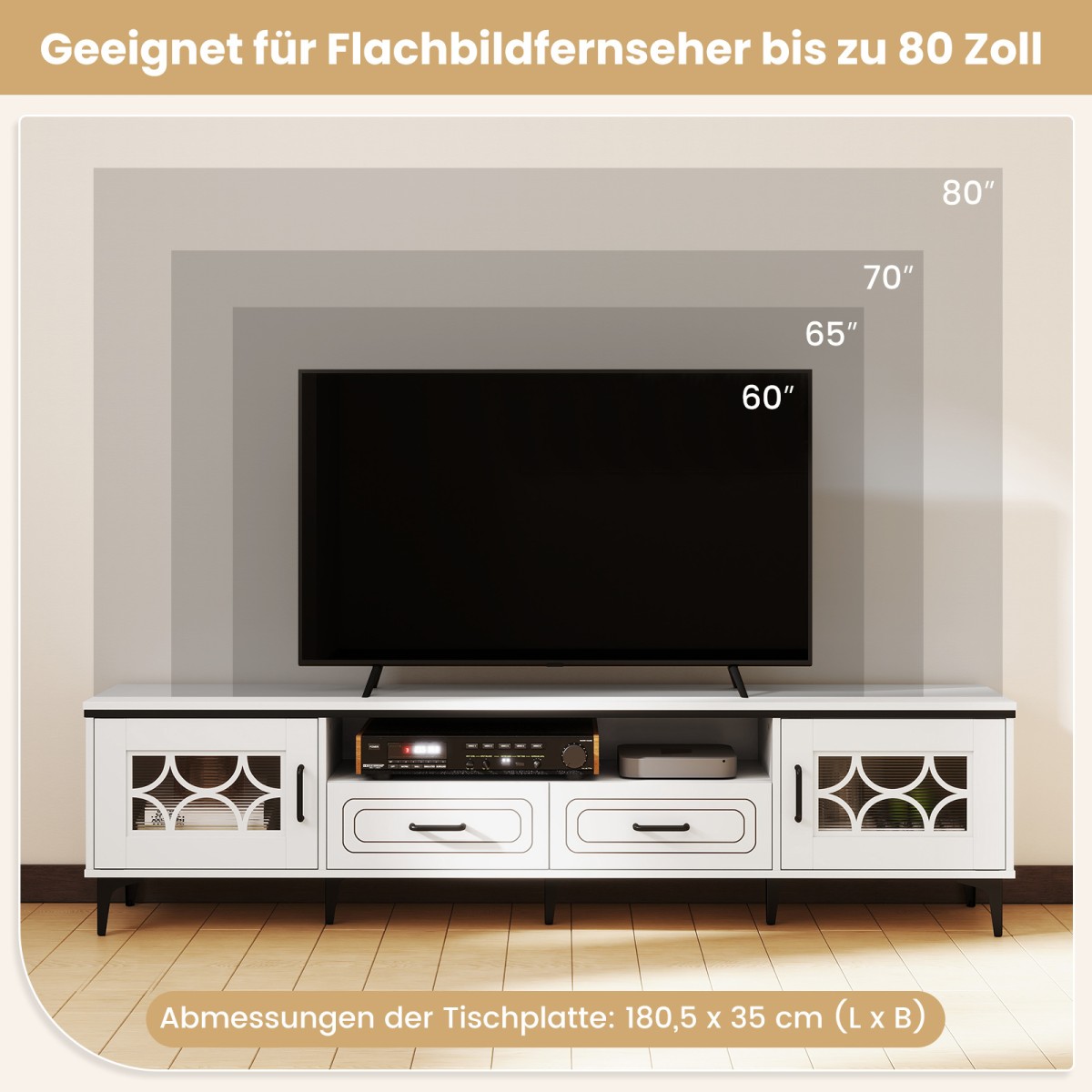 Costway Λευκός Μπαμπού Tv-Σκελετός με 2 Συρτάρια & 2 Πόρτες για Τηλεοράσεις έως 80 Ίντσες HV10745DE-WH+