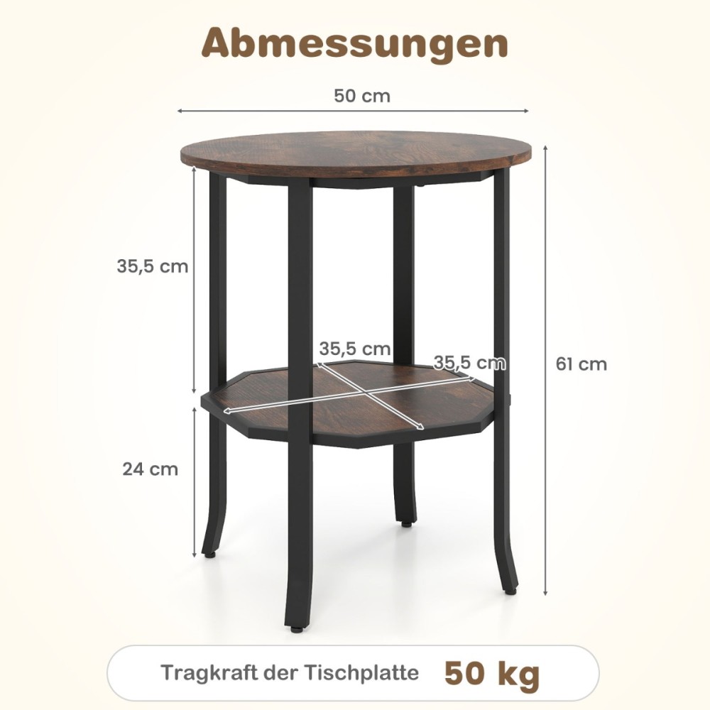 Costway Διπλός Στρογγυλός Βοηθητικός Τραπεζάκι με Αποθηκευτικό Χώρο - Βιομηχανικό Ράφι - Ανθεκτικό Μεταλλικό Πλαίσιο - Ρουστίκ Καφέ HV10766CF