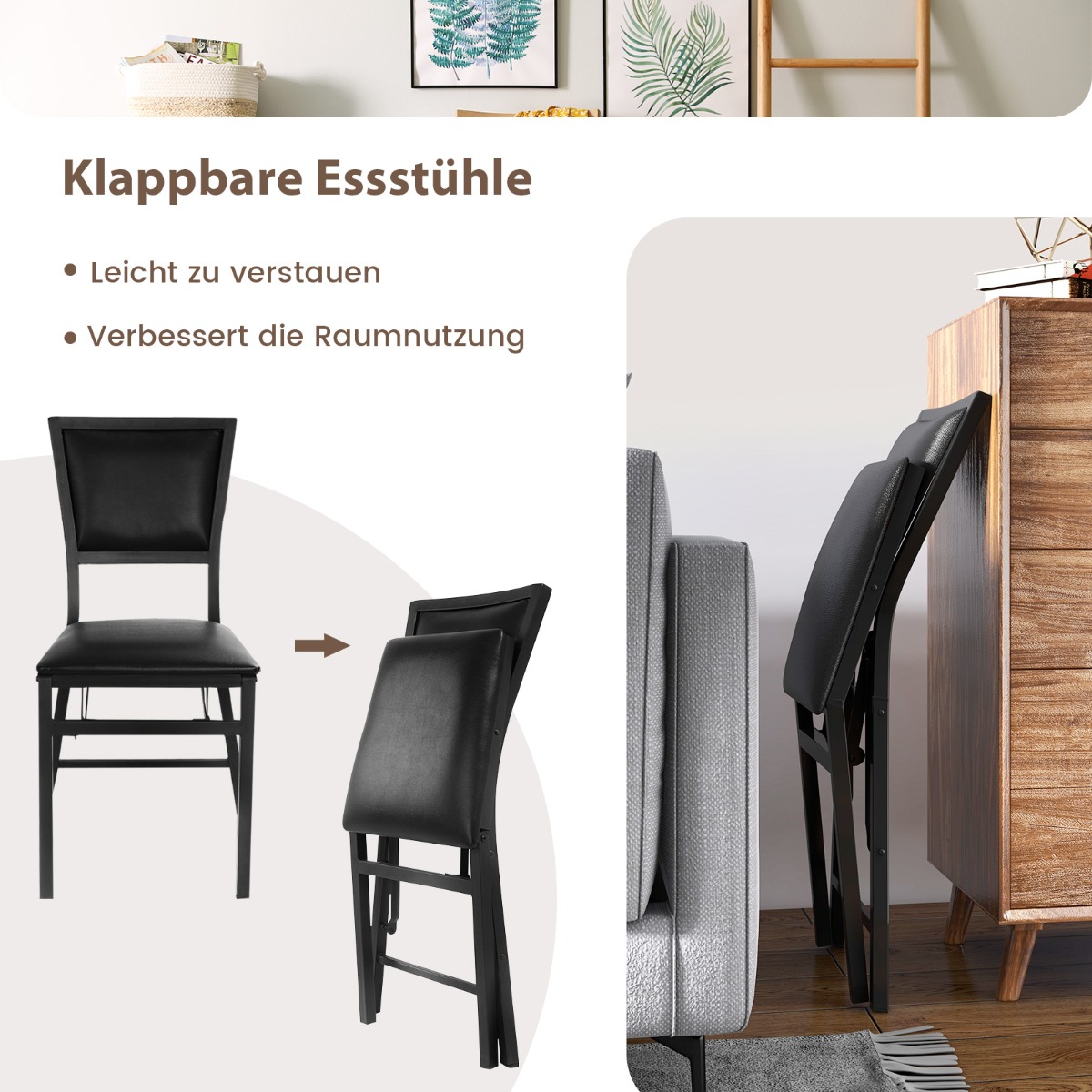 Costway Σετ 2 Πτυσσόμενων Καρεκλών με Μεταλλικό Σκελετό και Δερματίνη HW52161