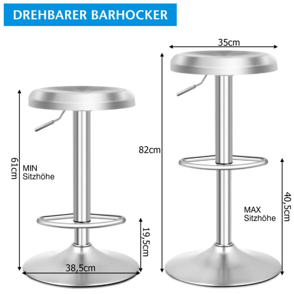 Μεταλλικό Σκαμπό Μπαρ Με Ρυθμιζόμενο Ύψος 39 x 35 x 60-82,5 cm Ασημί Costway HW58848