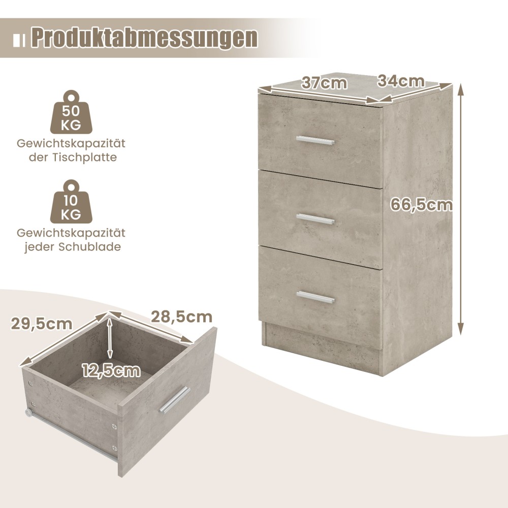 Costway Κομοδίνο με 3 Συρτάρια Υψηλής Γυαλάδας 37 x 34 x 66,5 εκ. σε Τσιμεντογκρί για Κρεβάτι Boxspring HW64165GR