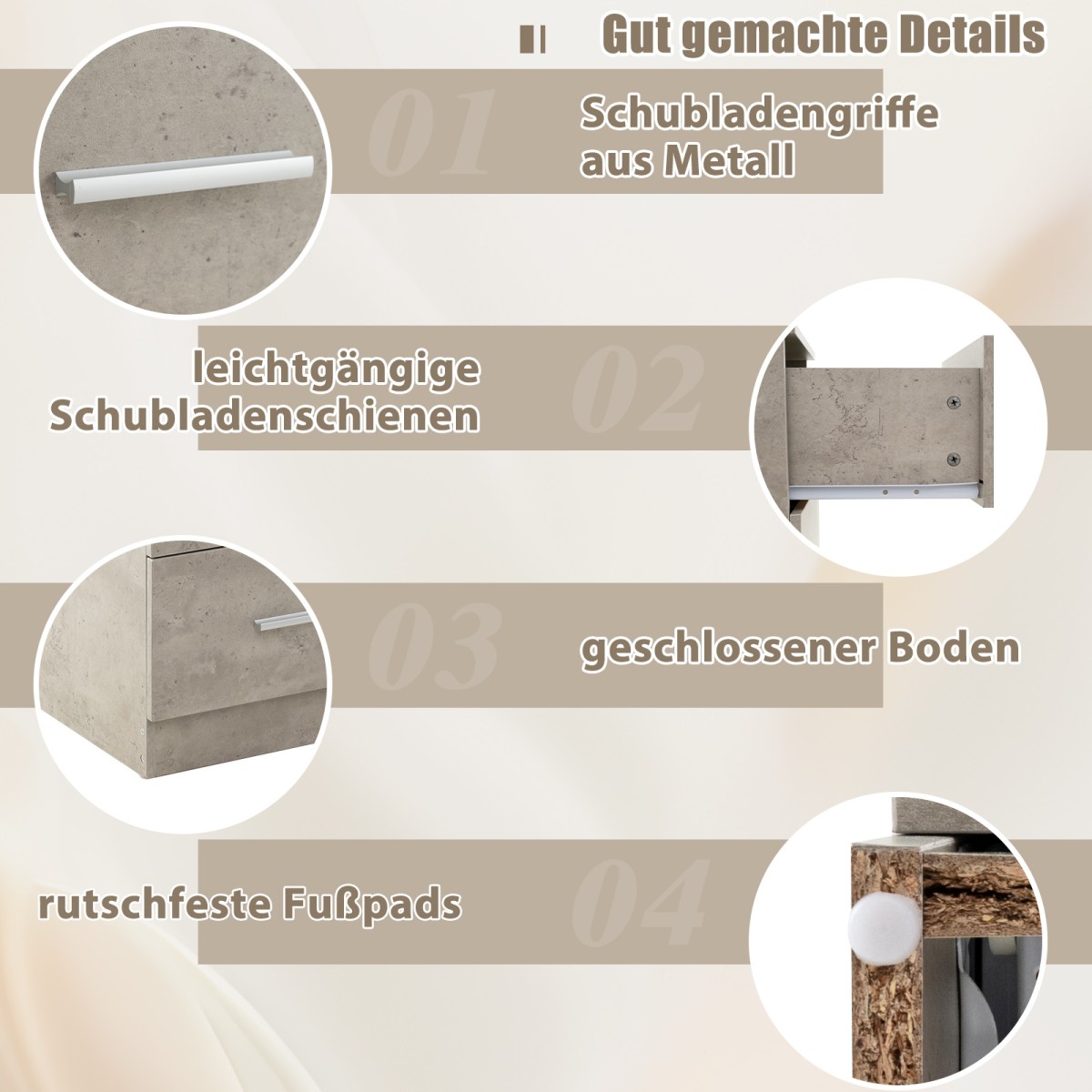 Costway Κομοδίνο με 3 Συρτάρια Υψηλής Γυαλάδας 37 x 34 x 66,5 εκ. σε Τσιμεντογκρί για Κρεβάτι Boxspring HW64165GR