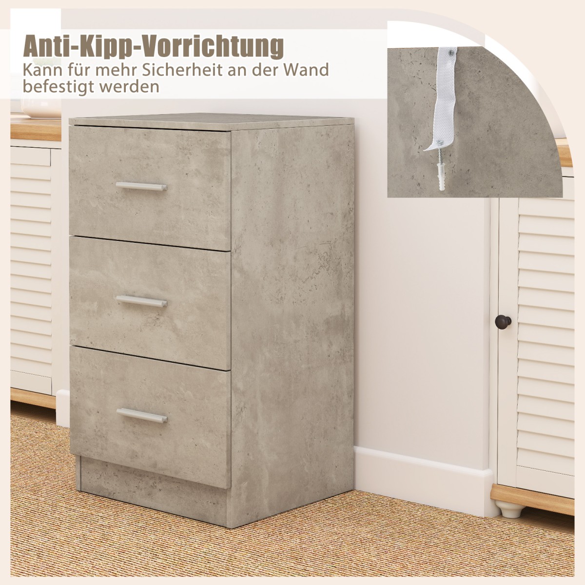 Costway Κομοδίνο με 3 Συρτάρια Υψηλής Γυαλάδας 37 x 34 x 66,5 εκ. σε Τσιμεντογκρί για Κρεβάτι Boxspring HW64165GR