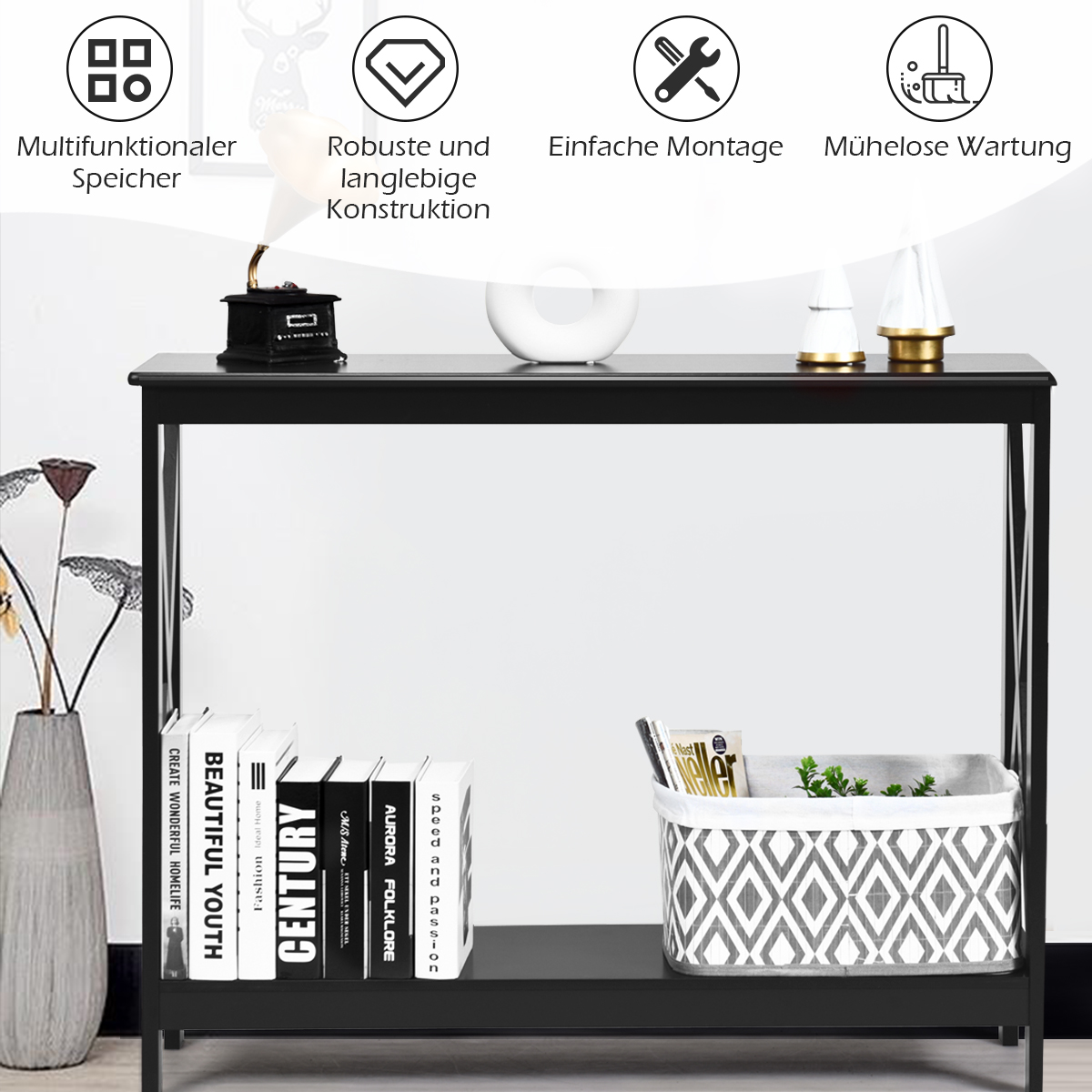 Costway Κομψό Μαύρο Κονσόλα Τραπέζι με 2 Ράφια HW65761BK