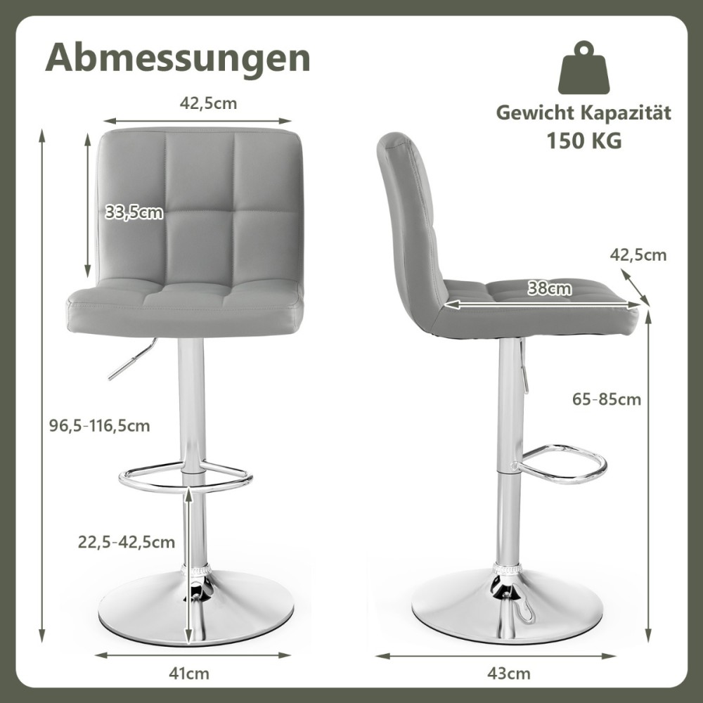 Costway Σετ 2 Περιστρεφόμενοι Ρυθμιζόμενοι Γκρι Μπαρ Σκαμπό από Συνθετικό Δέρμα HW66492GR-2