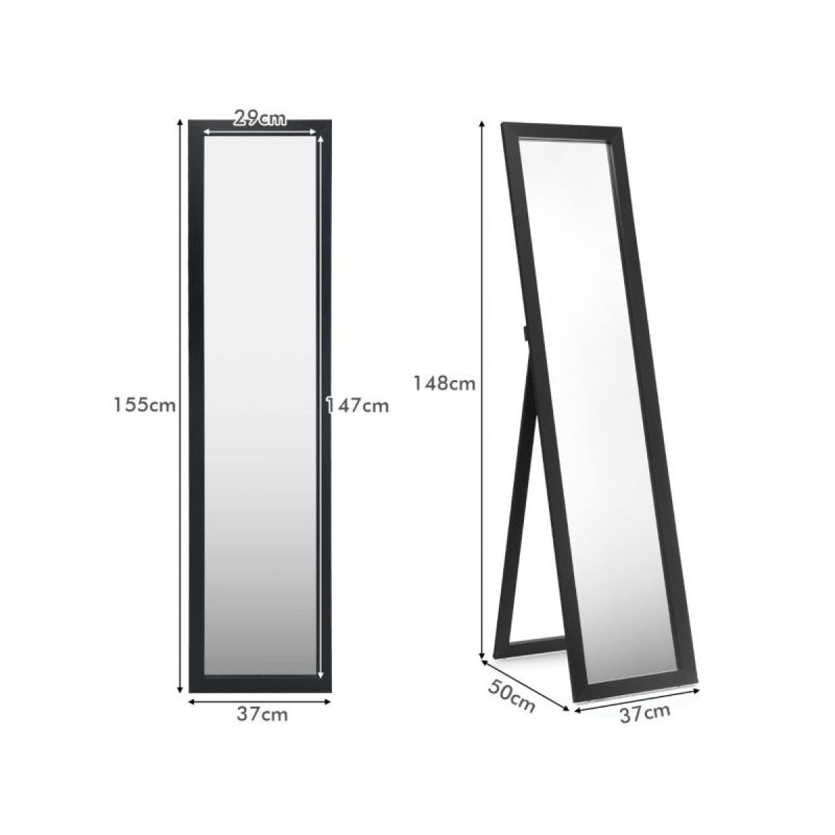 Ξύλινος Ολόσωμος Καθρέπτης 37 x 50 x 148 cm Χρώματος Μαύρο Costway HW66513BK