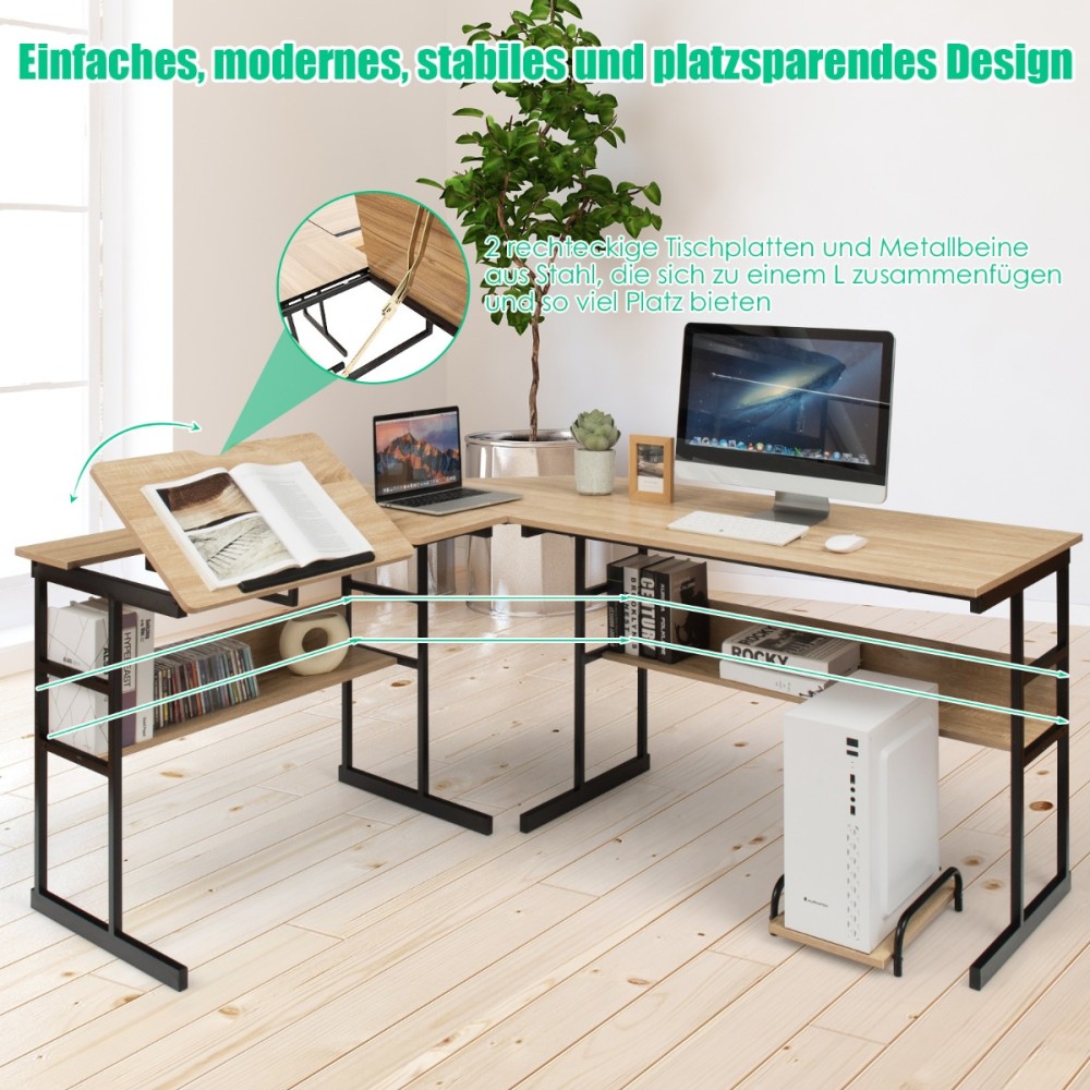 Costway Γραφείο Υπολογιστή Γωνιακό L-Σχήματος με Ρυθμιζόμενη Επιφάνεια και Ανοιχτά Ράφια Αποθήκευσης HW66803NA+