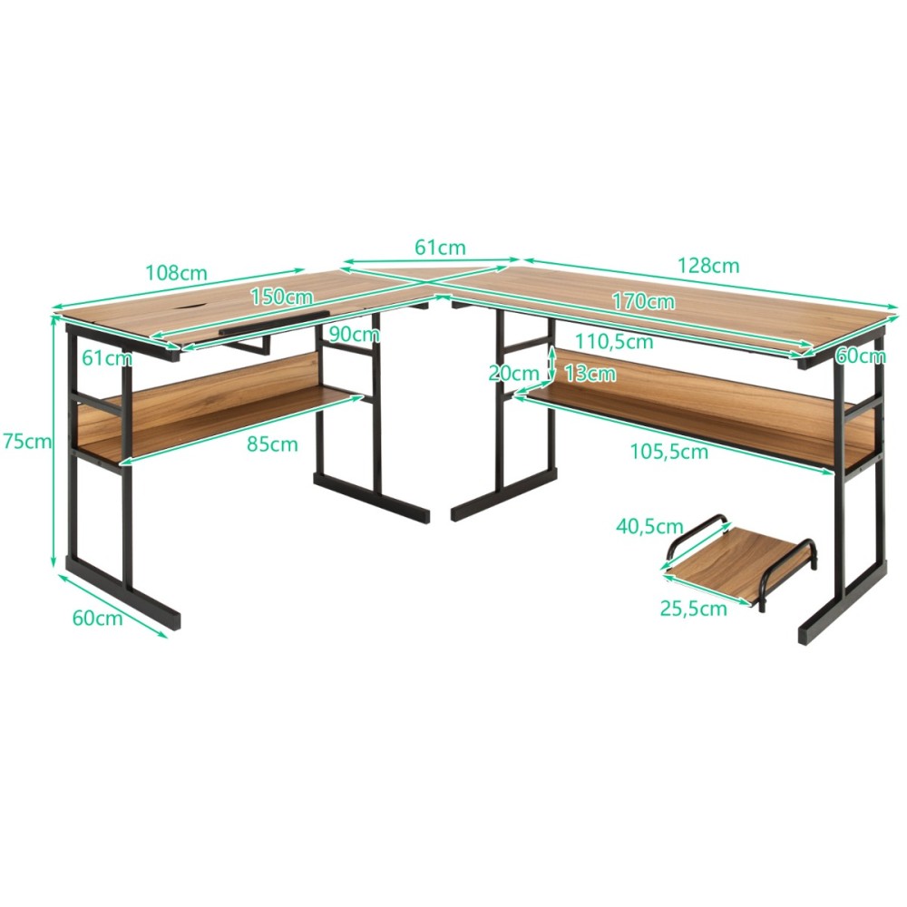 Costway Γραφείο Υπολογιστή Γωνιακό L-Σχήματος 170 x 150 x 75 cm  με Ρυθμιζόμενη Επιφάνεια και Ανοιχτά Ράφια Αποθήκευσης HW66803WT+