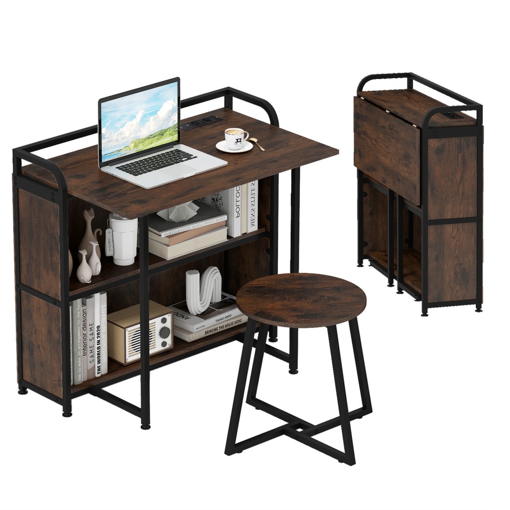 Costway Πτυσσόμενο Γραφείο με Πρίζα και Ράφια, Μεταλλικός Σκελετός, 90 x 55 x 83 cm, Καφέ HW73003DE-CF