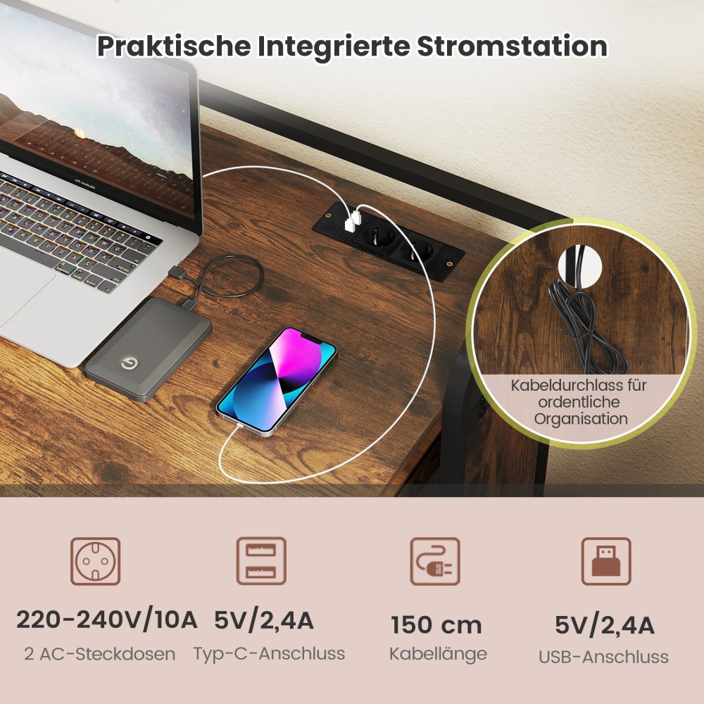 Costway Πτυσσόμενο Γραφείο με Πρίζα και Ράφια, Μεταλλικός Σκελετός, 90 x 55 x 83 cm, Καφέ HW73003DE-CF