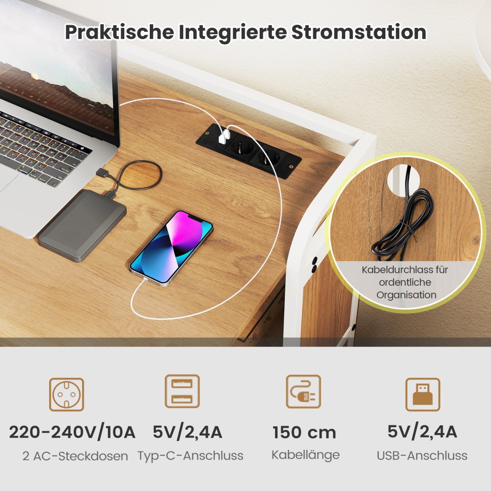 Costway Πτυσσόμενο Γραφείο με Πρίζα και Ράφια 90x55x83 εκ Φυσικό Χρώμα HW73003DE-NA