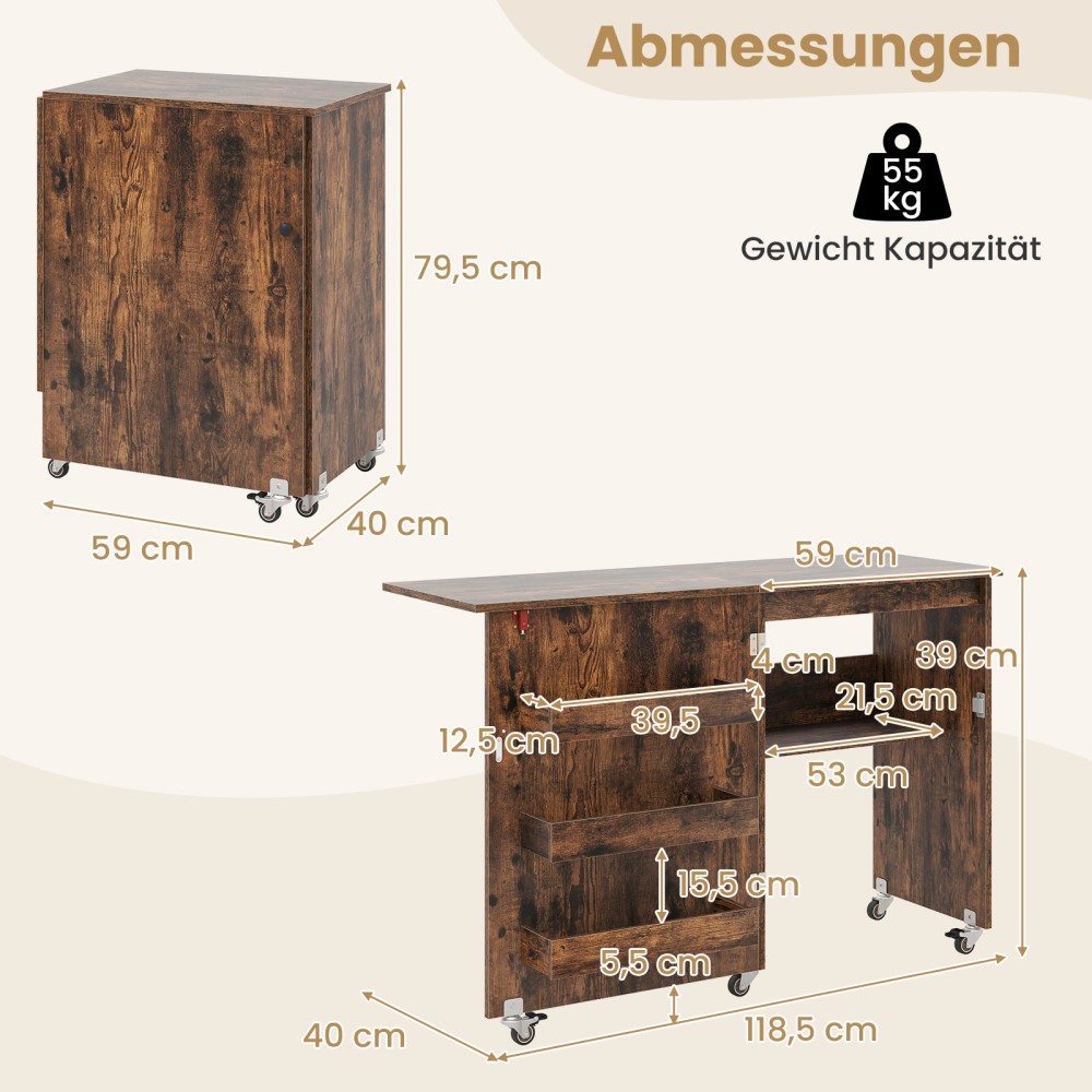 Costway Πτυσσόμενο Τραπέζι Ραπτικής & Κινητός Σταθμός Χειροτεχνίας, με Κρυφές Θήκες και Αποθηκευτικούς Χώρους, Διαστάσεις: 118,5 x 40 x 79,5 cm, Χρώμα: Καφέ HW73606CF