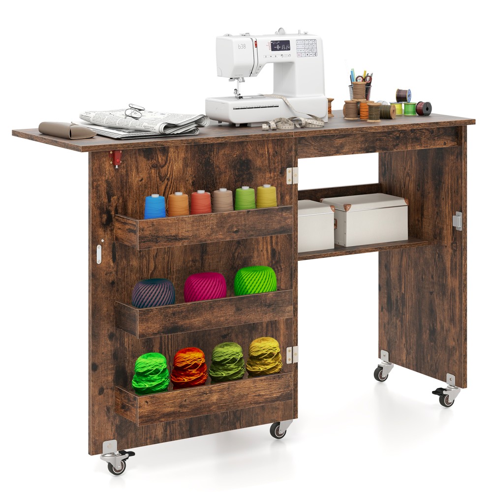 Costway Πτυσσόμενο Τραπέζι Ραπτικής & Κινητός Σταθμός Χειροτεχνίας, με Κρυφές Θήκες και Αποθηκευτικούς Χώρους, Διαστάσεις: 118,5 x 40 x 79,5 cm, Χρώμα: Καφέ HW73606CF