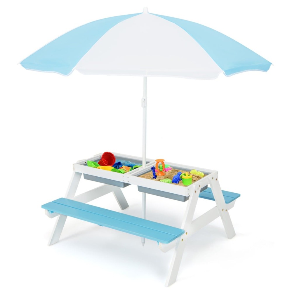 Costway Παιδικό τραπέζι πικνίκ 3 σε 1 εξωτερικού χώρου με τραπέζι νερού και άμμου, κουτιά παιχνιδιού και ομπρέλα, μπλε και λευκό, 50 x 86 x 93 cm HY10008CL