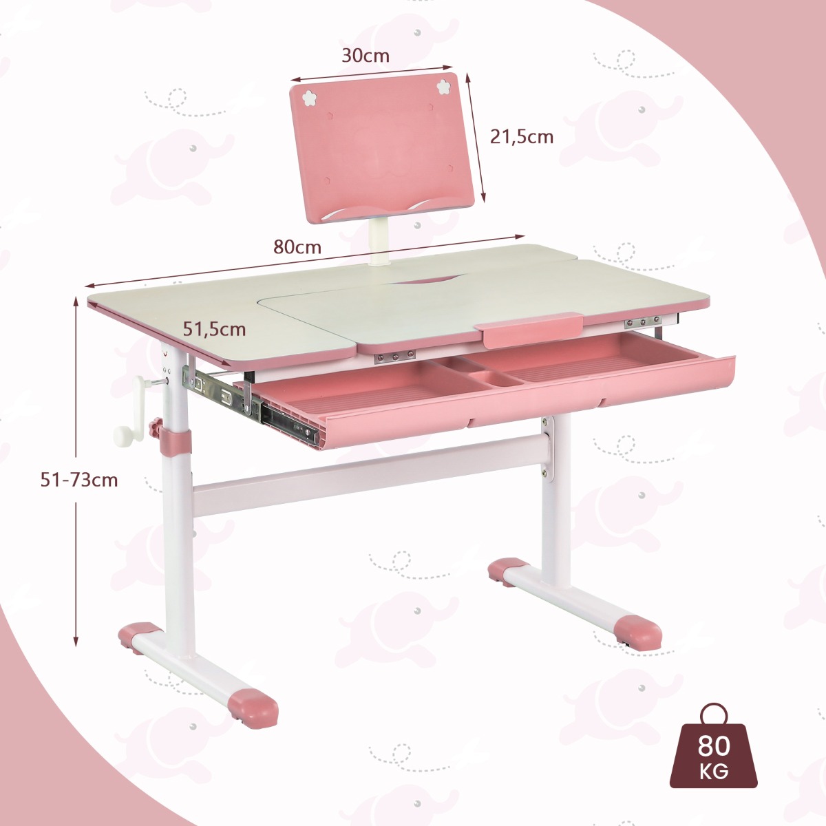 Παιδικό Γραφείο με Ρυθμιζόμενο Ύψος 80 x 51,5 x 51–73 cm Ροζ HY10126PI-1 Costway