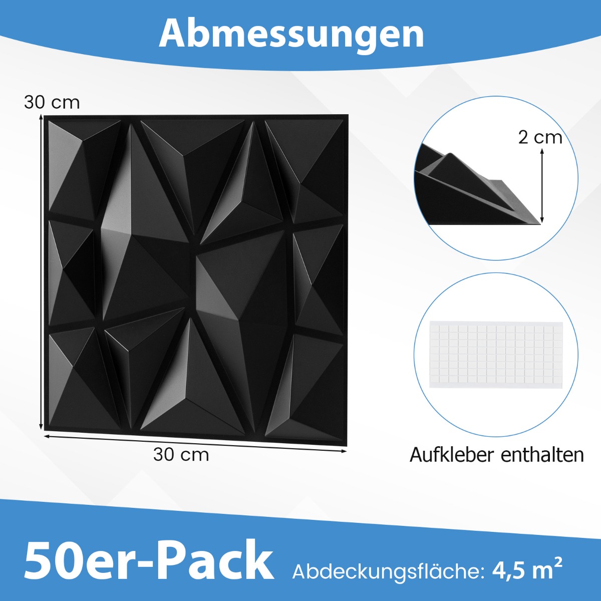 Costway 50 Τεμάχια 3D Πάνελ Τοίχου Διαμάντι Μαύρο 30x30 εκ 4,5τ.μ HZ10349BK