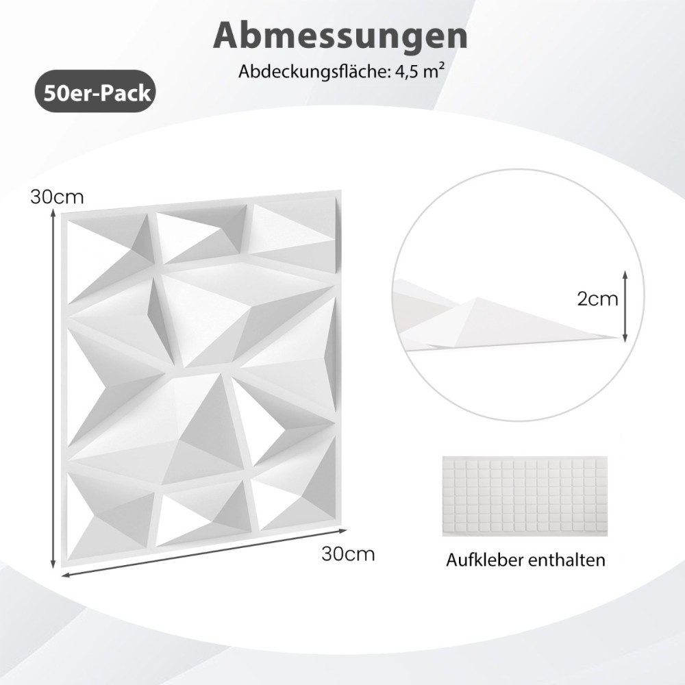 Costway Σετ 50 τμχ Διακοσμητικά Πάνελ PVC Diamond 30x30 εκ. Λευκό HZ10349WH