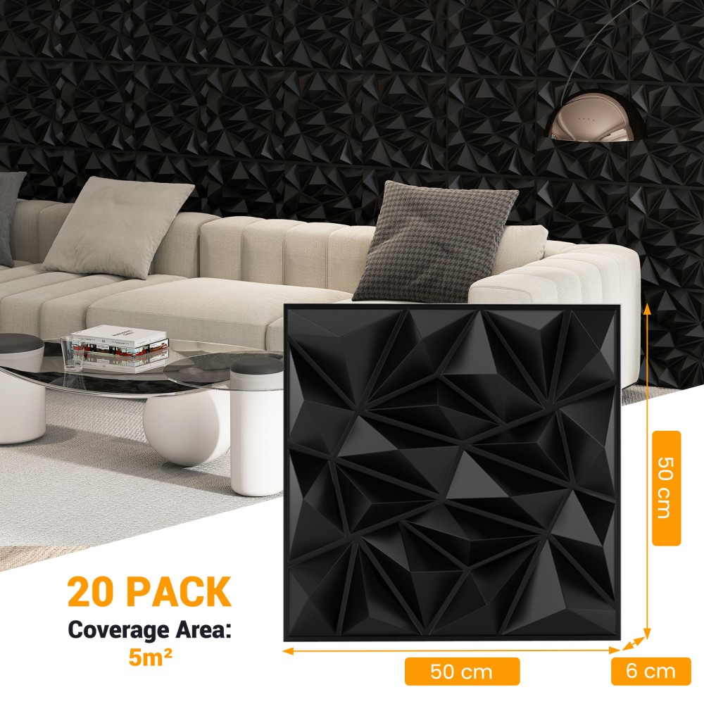 Costway Σετ 20 τμχ Αυτοκόλλητα 3D Πάνελ Τοίχου 50 x 50 εκ. Μαύρο HZ10363BK
