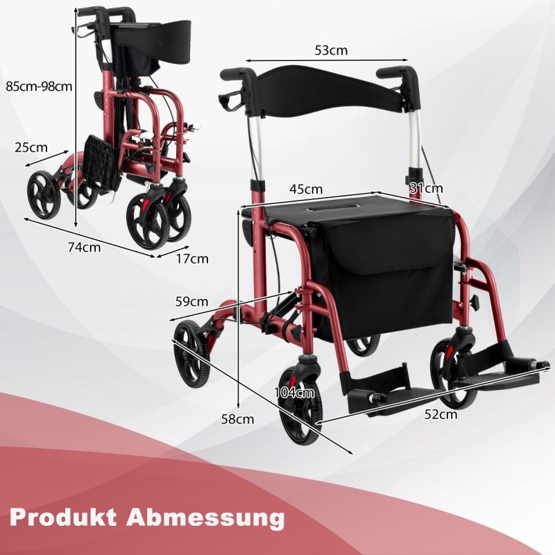 Costway Ελαφρύς Αναδιπλούμενος Rollator με Κάθισμα 2 σε 1 Καρέκλα & Ταξιδιωτικός Rollator Κόκκινο JH10012RE
