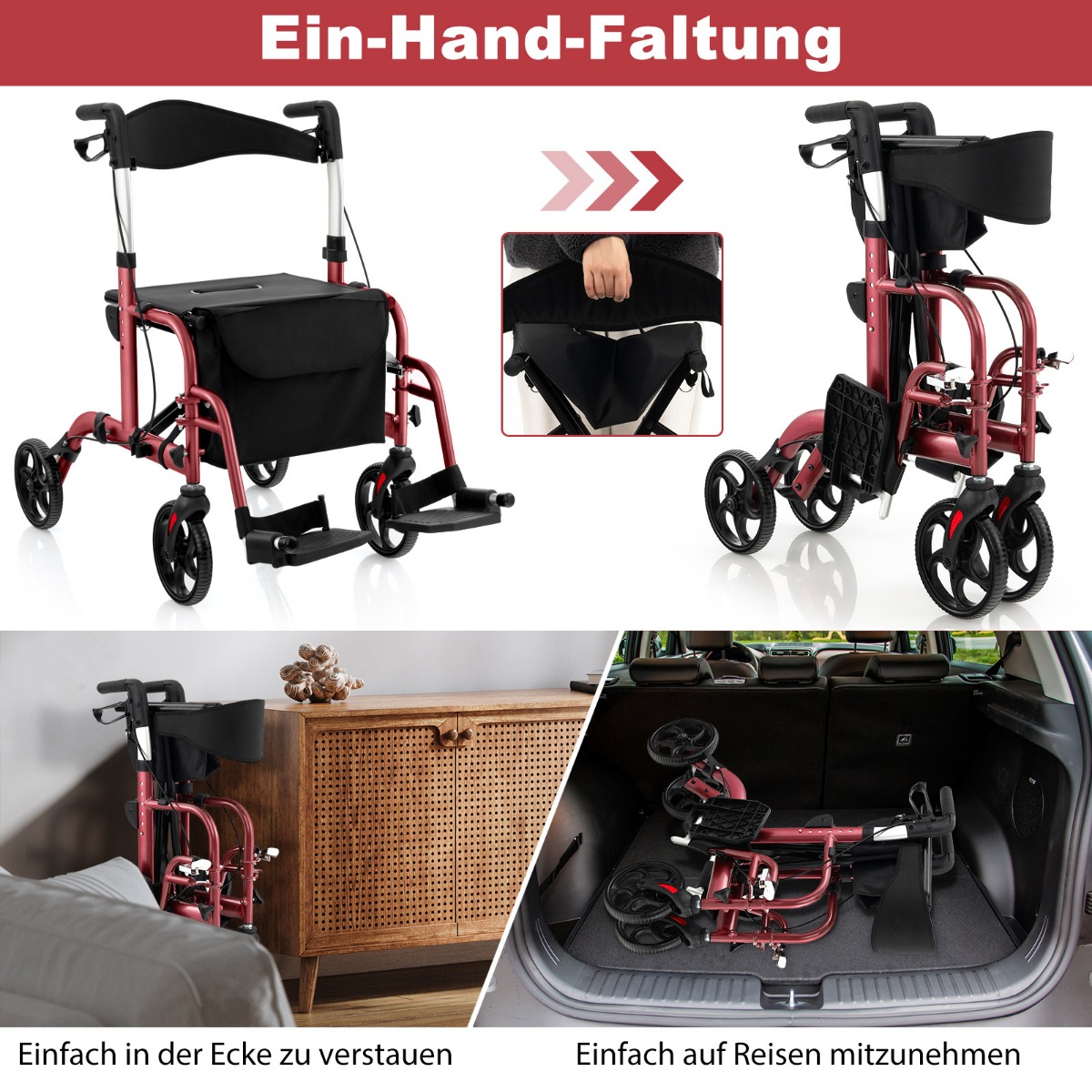Costway Ελαφρύς Αναδιπλούμενος Rollator με Κάθισμα 2 σε 1 Καρέκλα & Ταξιδιωτικός Rollator Κόκκινο JH10012RE