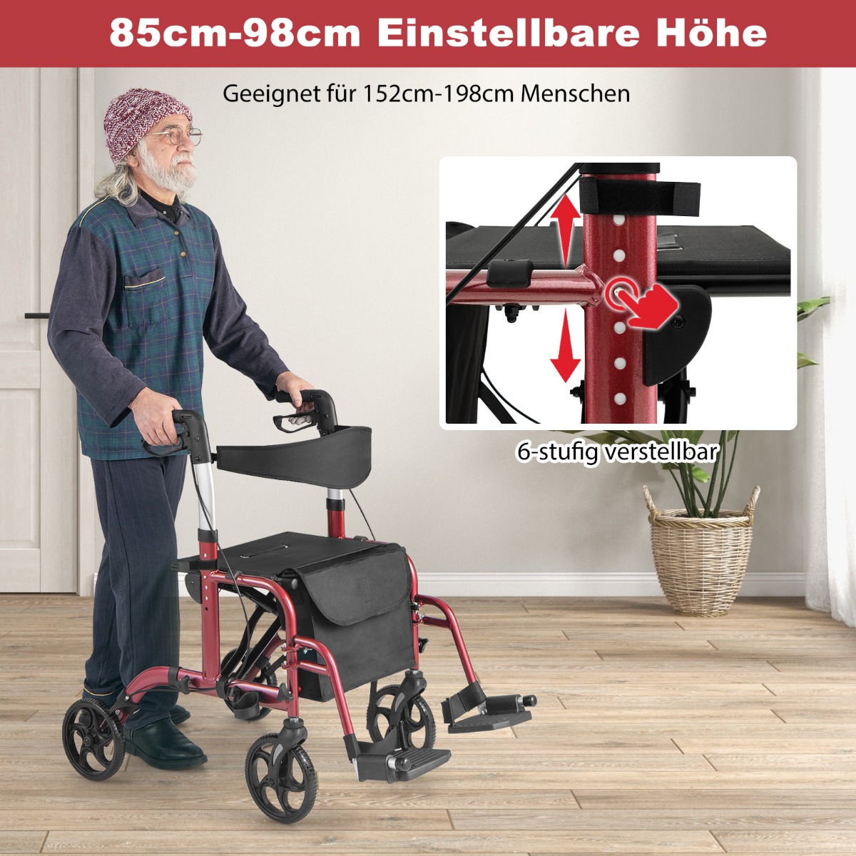 Costway Ελαφρύς Αναδιπλούμενος Rollator με Κάθισμα 2 σε 1 Καρέκλα & Ταξιδιωτικός Rollator Κόκκινο JH10012RE