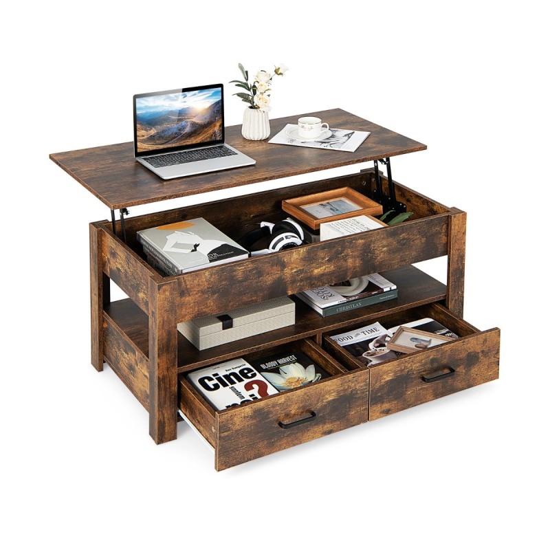 Costway  Ρυθμιζόμενο τραπεζάκι σαλονιού με συρτάρια από ξύλο, 100 x 50 x 48-61 εκ., Καφέ. JV10413CF