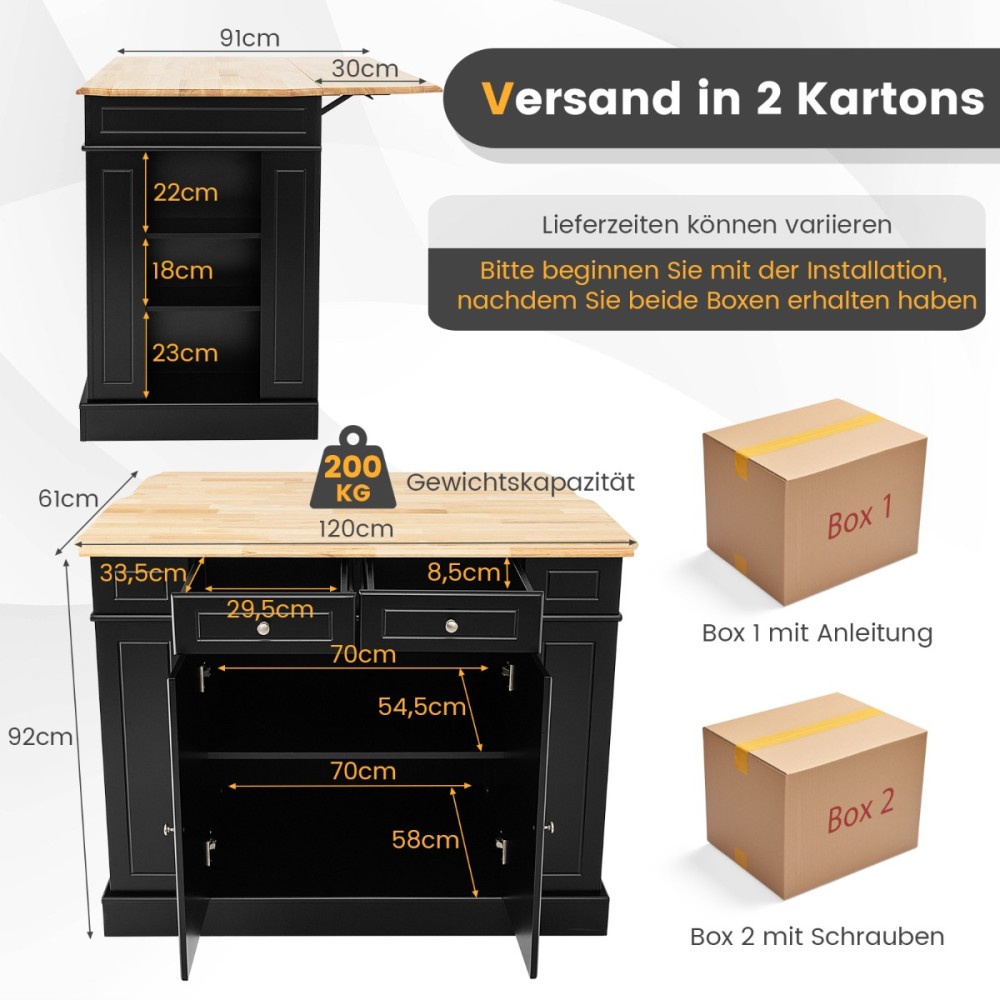 Costway Μαύρο Κουζινόσπιτο με Εκτεινόμενη Επιφάνεια από Καουτσουκόξυλο | Νησίδα με Επιπλέον Χώρο Αποθήκευσης JV10444BK+