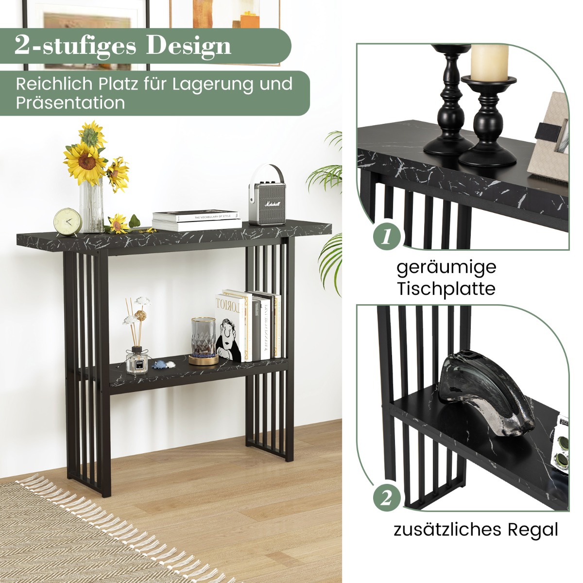 Costway Δίπεδο Κονσόλα με Μαύρο Μεταλλικό Σκελετό και Επιφάνεια Μαρμάρου JV10498BK