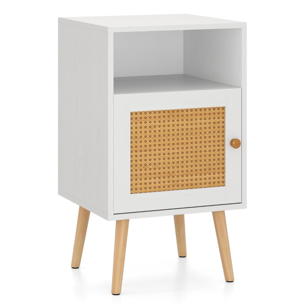Costway Λευκό Ραττάν Κομοδίνο με Ανοιχτό Ράφι και Πόρτα σε Αγροικιακό Στυλ JV10924WH