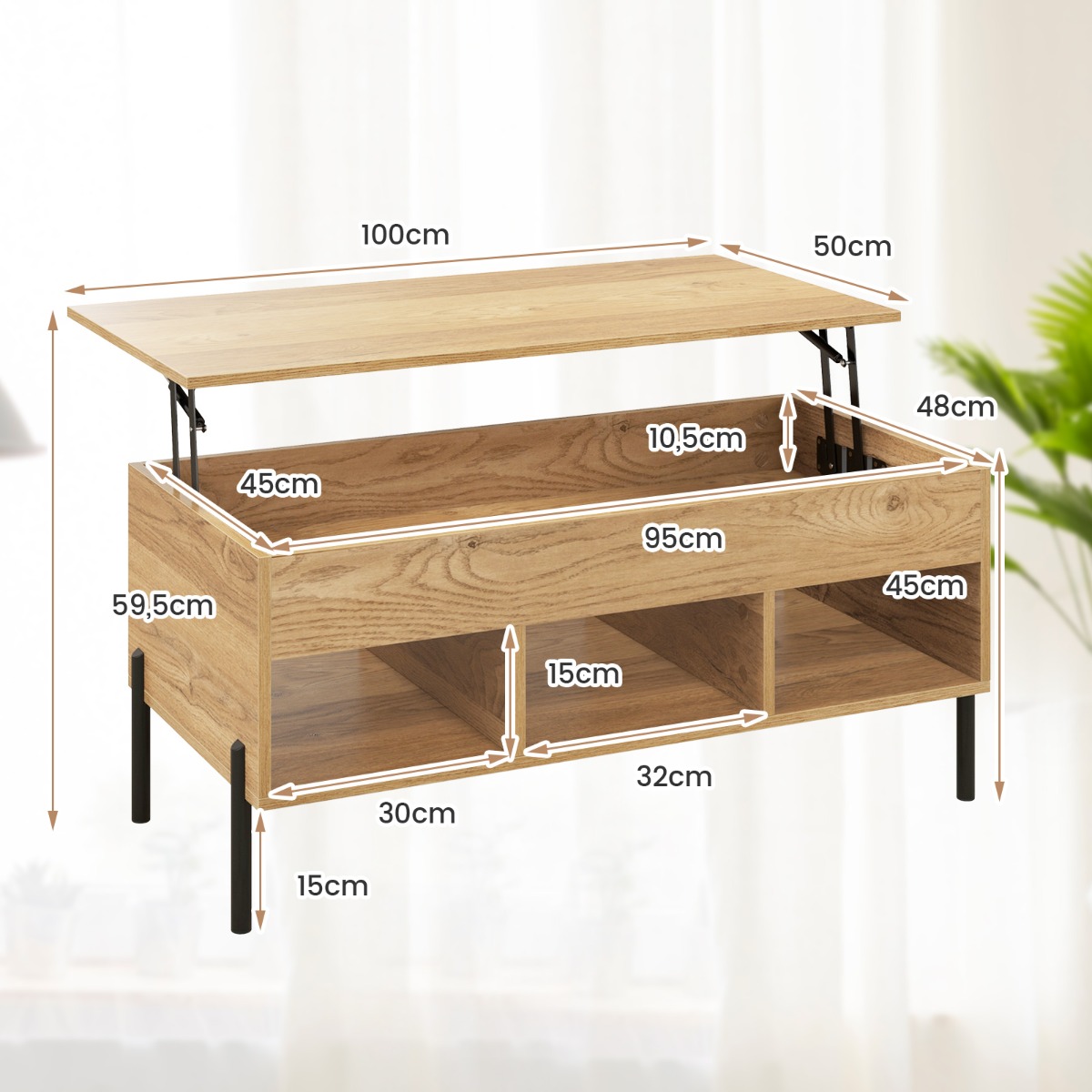 Costway Ρυθμιζόμενο Τραπέζι Σαλονιού με Ανασηκώμενη Επιφάνεια & 3 Ανοιχτά Ράφια Φυσικό Χρώμα JV10976NA