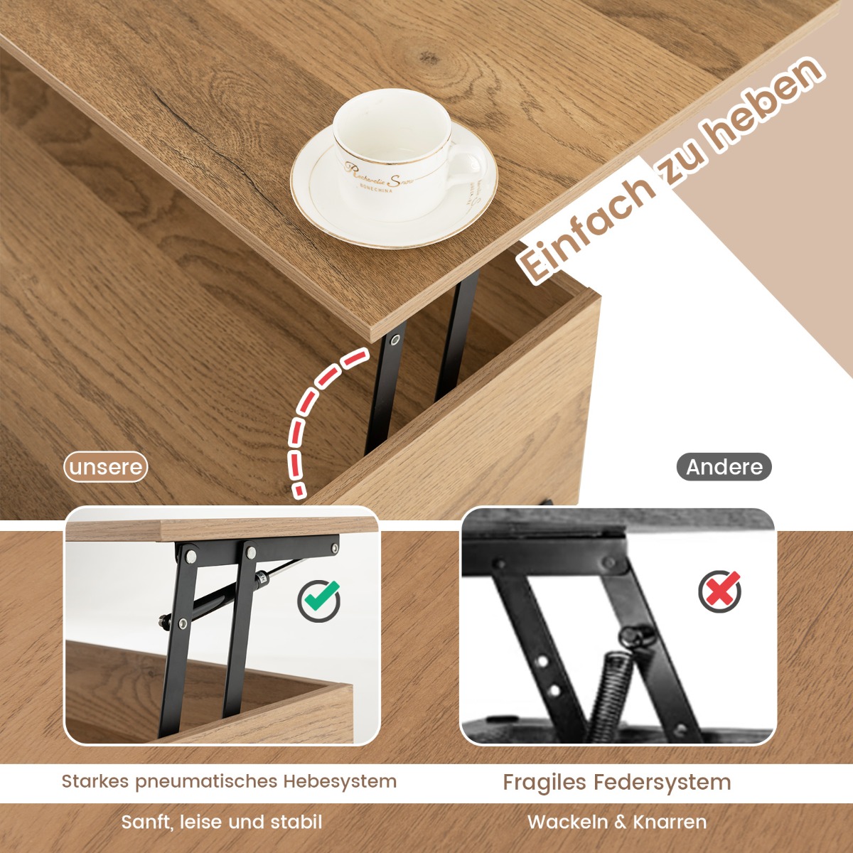 Costway Ρυθμιζόμενο Τραπέζι Σαλονιού με Ανασηκώμενη Επιφάνεια & 3 Ανοιχτά Ράφια Φυσικό Χρώμα JV10976NA