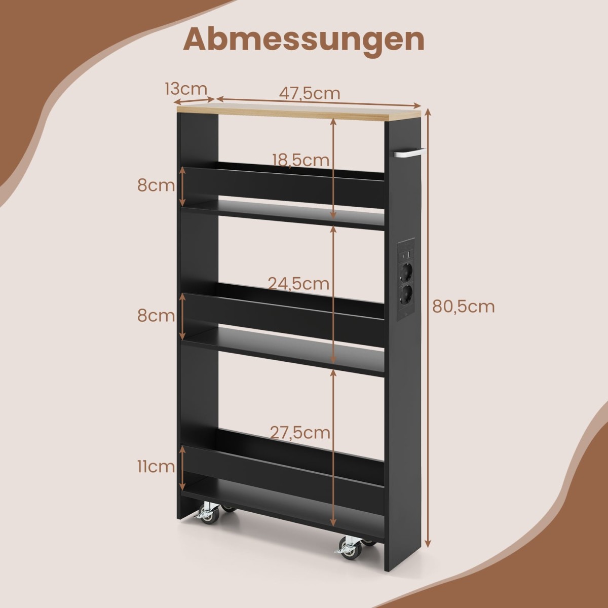Costway Καροτσάκι αποθήκευσης 13 εκατοστών, 4 επιπέδων, σε μαύρο χρώμα, με λαβή και σταθμό φόρτισης. 80,5 x 13 x 47,5 cm JV11161DE-DK