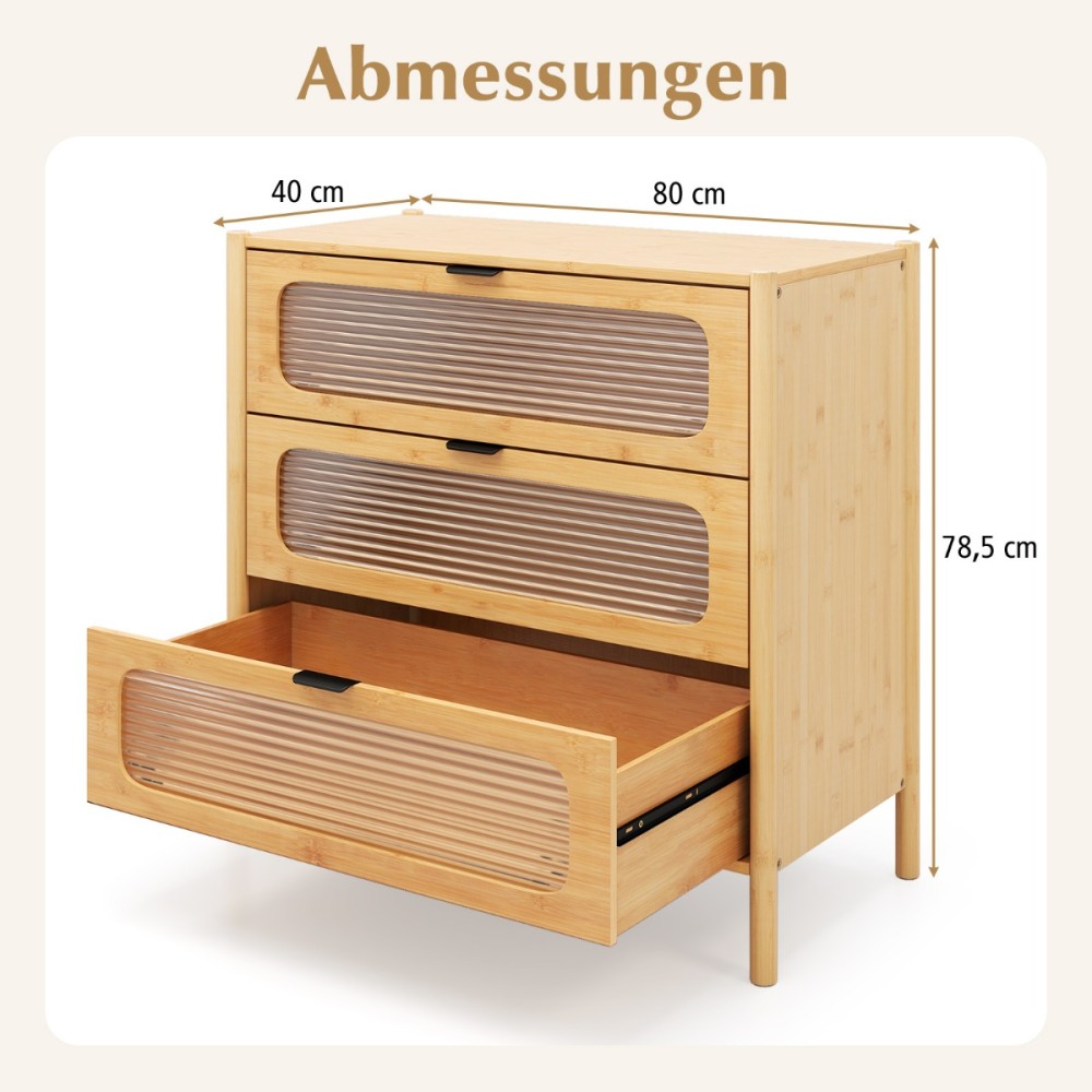 Costway Κομψή και Λειτουργική Συρταριέρα  Μπαμπού 80 x 40 x 78,5 cm με 3 Συρτάρια και Αντιολισθητικά Πόδια JV11257NA