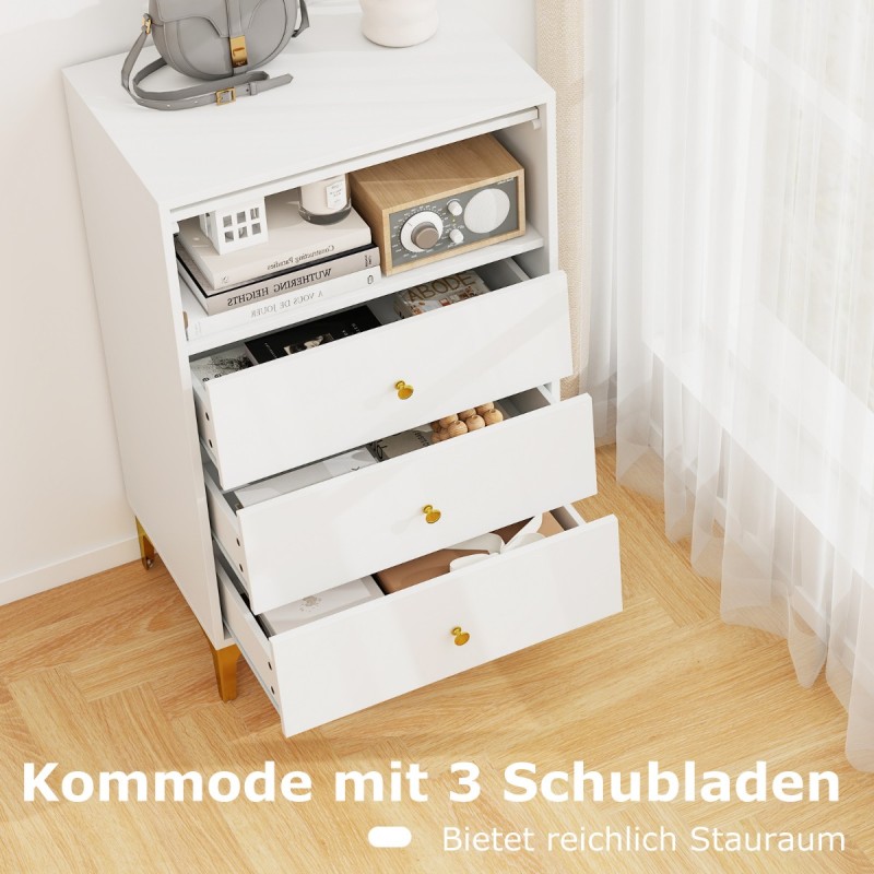 Costway Πολυλειτουργική Κομμότα Αποθήκευσης με 3 Συρτάρια και Ντουλάπι, Γυάλινη Πόρτα και Μεταλλικά Πόδια JV11421WH