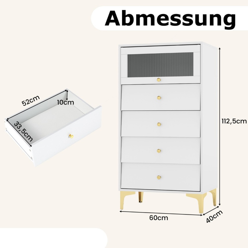 Costway Πολυλειτουργική Κομότα Αποθήκευσης με 4 Συρτάρια και Ντουλάπι, Μεταλλικά Πόδια και Πτυσσόμενη Γυάλινη Πόρτα JV11422WH+