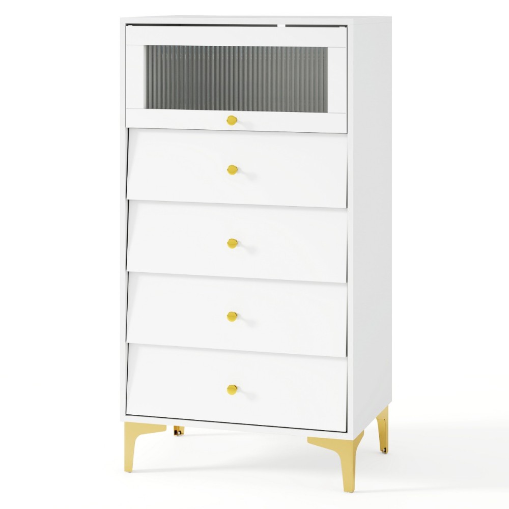 Costway Πολυλειτουργική Κομότα Αποθήκευσης με 4 Συρτάρια και Ντουλάπι, Μεταλλικά Πόδια και Πτυσσόμενη Γυάλινη Πόρτα JV11422WH+