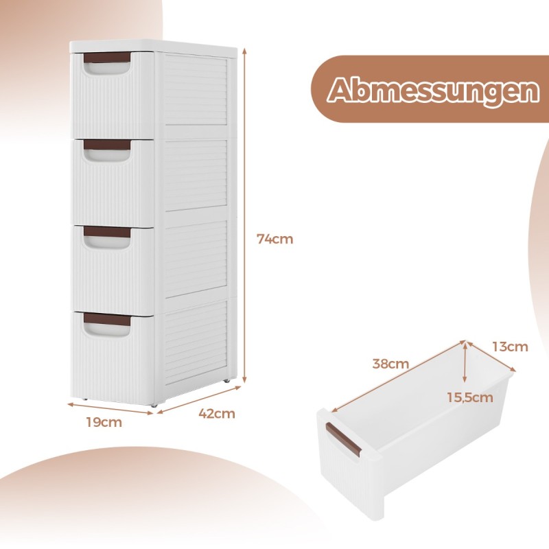 Costway Κινητή Μονάδα Αποθήκευσης με 4 Συρτάρια από Υψηλής Ποιότητας PP για Στενούς Χώρους JV11494WH