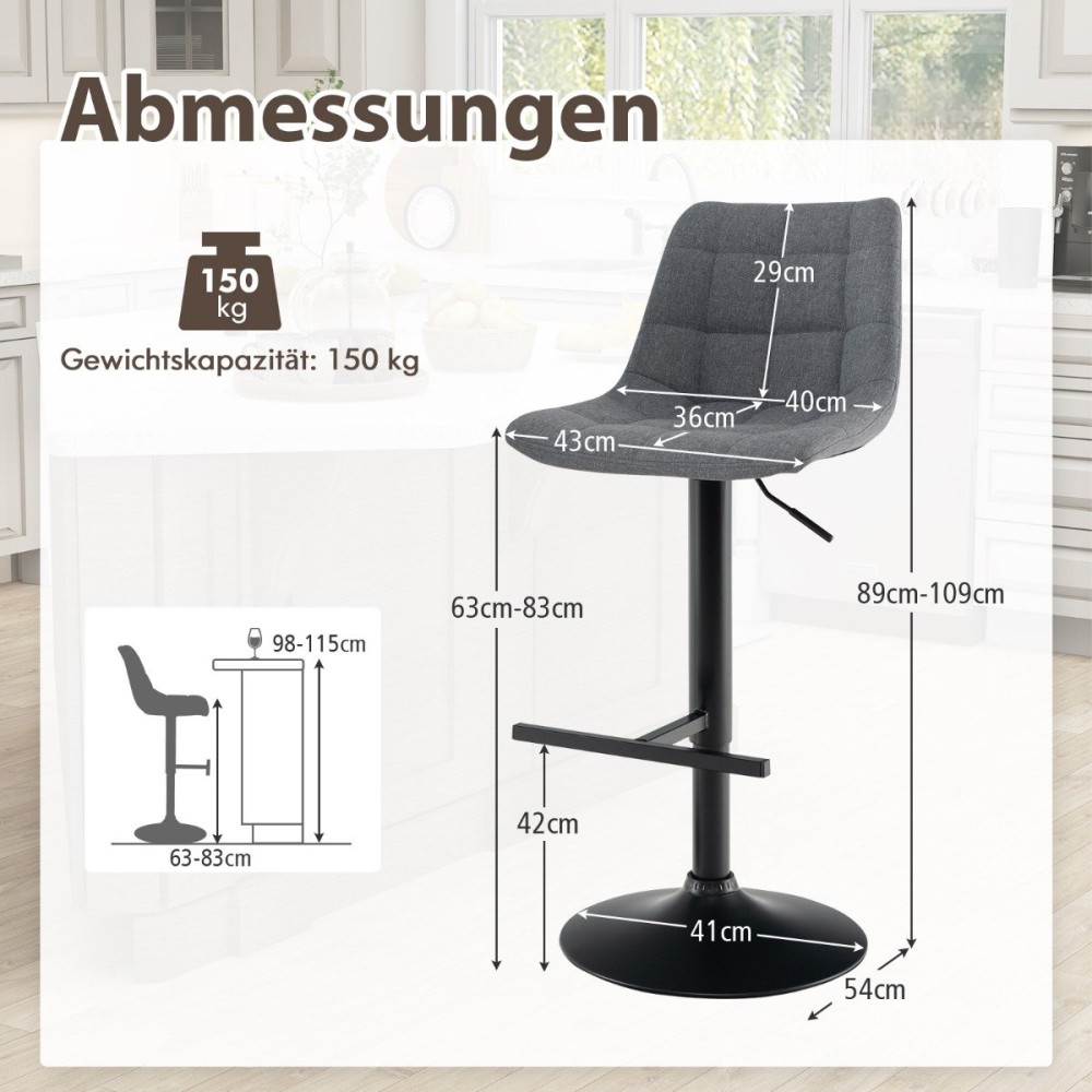 Costway Σετ 2 Περιστρεφόμενα και Ρυθμιζόμενα Μπαρ Σκαμπό Γκρι JV11508GR-2