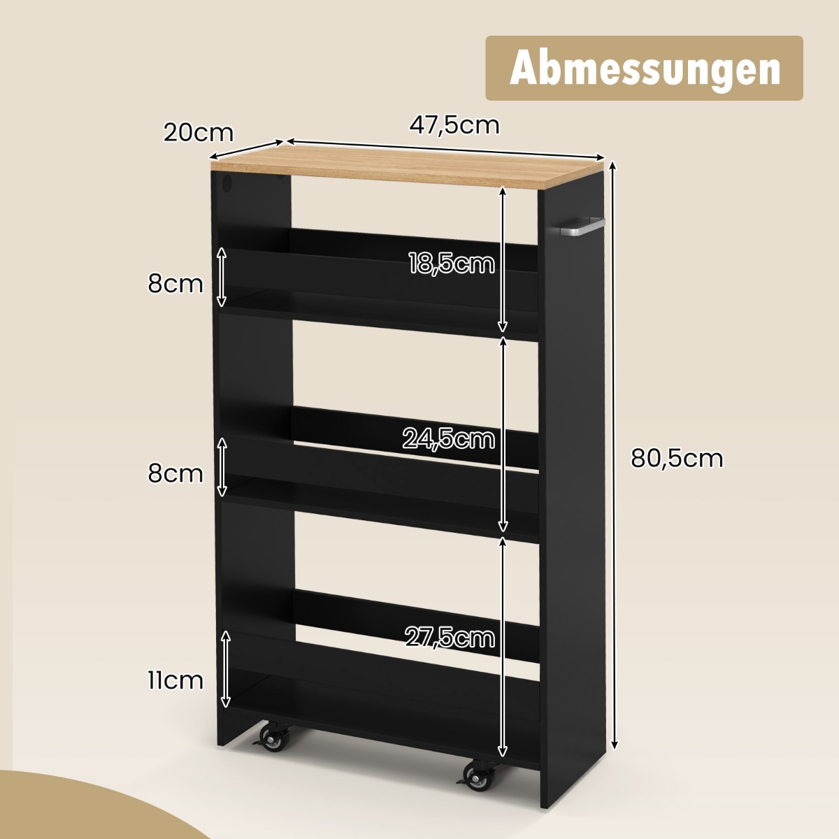 Costway  Στενό καρότσι κουζίνας με 4 ράφια, 47,5 x 20 x 80,5 cm, Μαύρο. JV11646DK