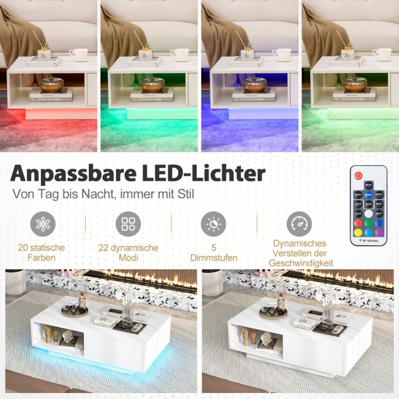 Costway  Τραπέζι σαλονιού με 20 χρώματα LED φώτα και τηλεχειριστήριο, Λευκό, 100 x 50 x 45 εκ. JV11839WH
