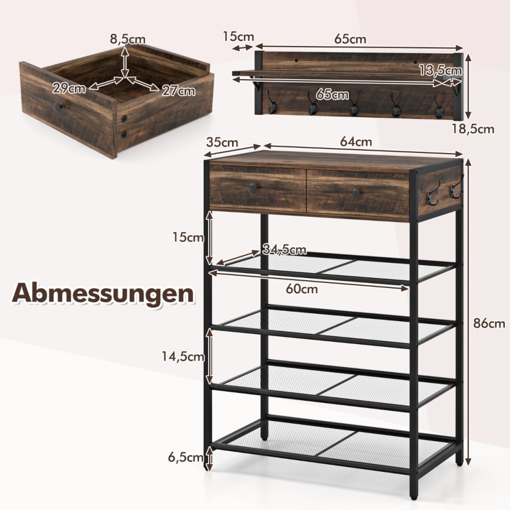 Costway Σετ Κρεμάστρας και Παπουτσοθήκης με Ράφι Τοίχου, 7 Γάντζους, 2 Συρτάρια και 4 Ράφια, Μεταλλική Κατασκευή με Ρυθμιζόμενα Πόδια και Κιτ Στήριξης Τοίχου, Ρουστίκ Σχεδιασμός για Εξοικονόμηση Χώρου JV12027BN