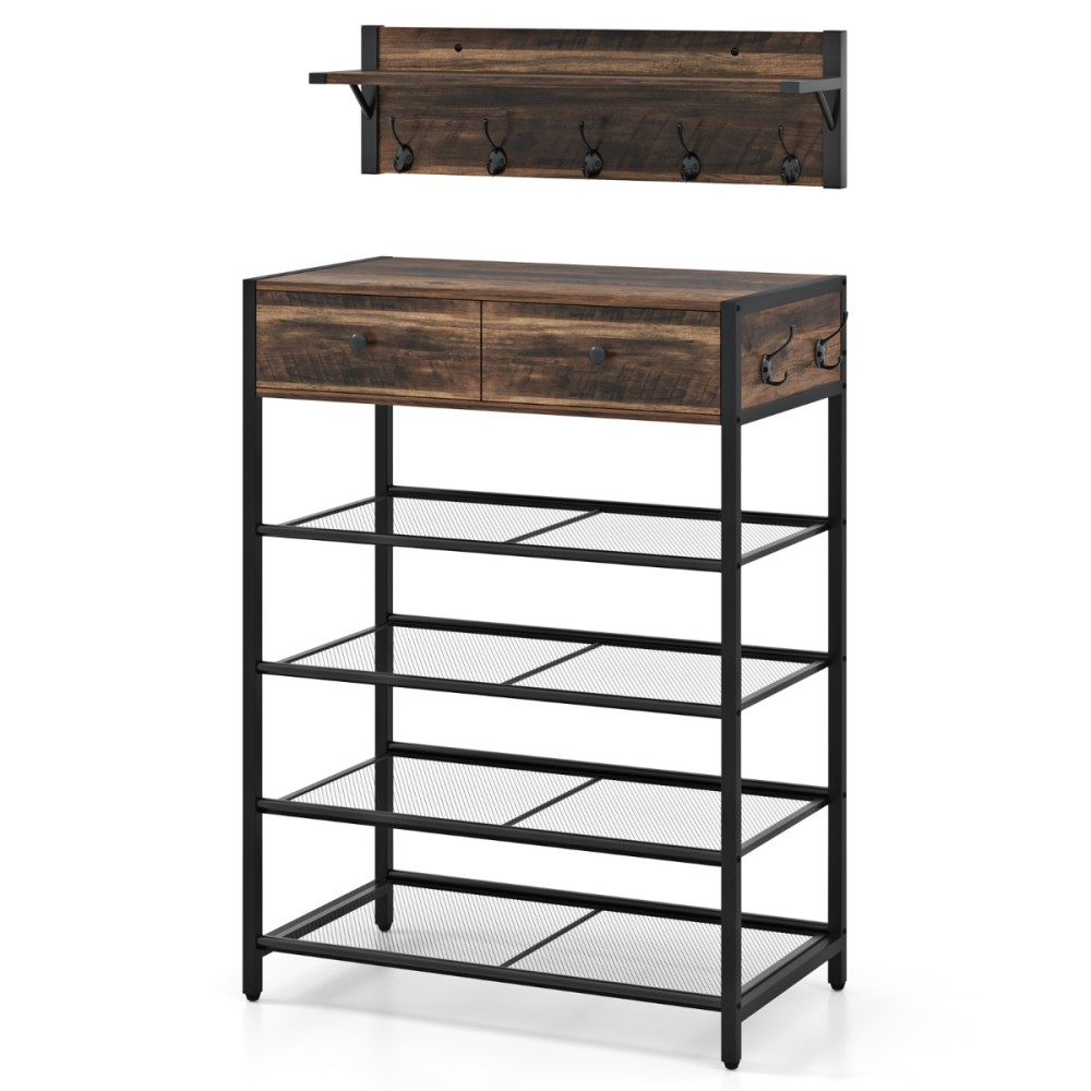 Costway Σετ Κρεμάστρας και Παπουτσοθήκης με Ράφι Τοίχου, 7 Γάντζους, 2 Συρτάρια και 4 Ράφια, Μεταλλική Κατασκευή με Ρυθμιζόμενα Πόδια και Κιτ Στήριξης Τοίχου, Ρουστίκ Σχεδιασμός για Εξοικονόμηση Χώρου JV12027BN