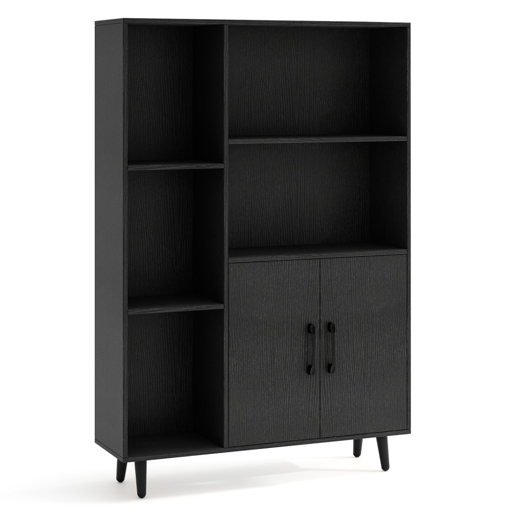 Costway Μαύρη Βιβλιοθήκη με Πόρτες & Ανοιχτά Ράφια για Γραφείο ή Σαλόνι, Ραφιεράκι JV12109DK