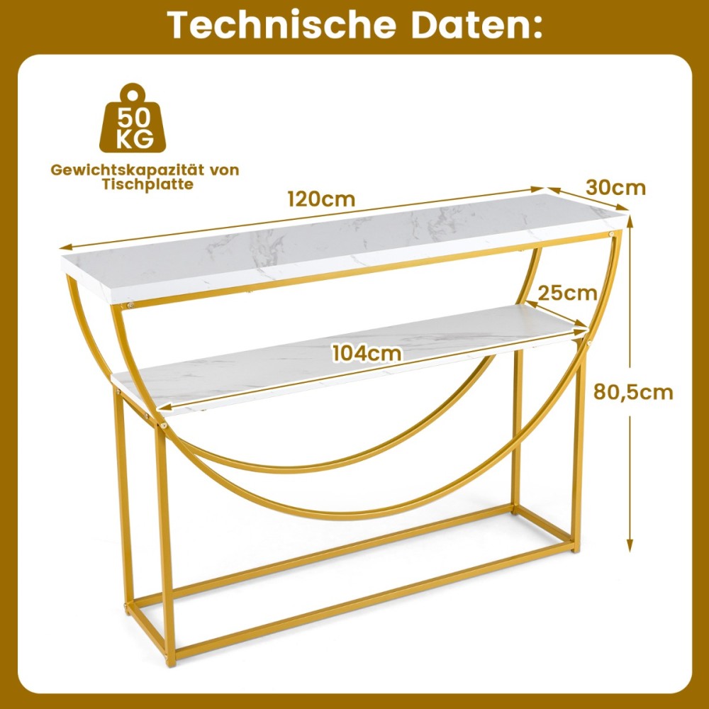 Costway Ανθεκτικό Τραπέζι Κονσόλας 120 x 30 x 80,5 cm με Ψεύτικη Μαρμάρινη Επιφάνεια και Χρυσό Μεταλλικό Πλαίσιο, 2 Επιπέδων με Ρυθμιζόμενα Πόδια και Προστασία Ανατροπής JV12417WH