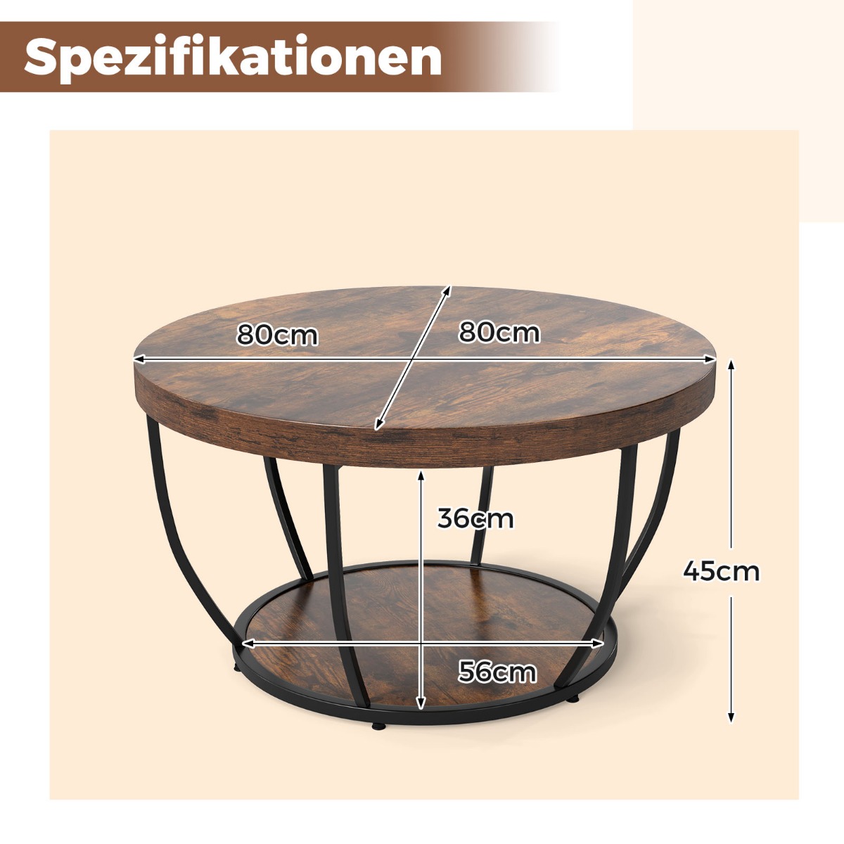 Costway Στρογγυλό Τραπεζάκι Καφέ Ξύλινο με 2 Επίπεδα & Μεταλλικό Πλαίσιο για Καθιστικό σε Ρουστίκ Καφέ Χρώμα JV12526CF